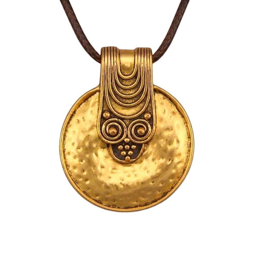 Hammered Gold Medallion Pendant Necklace Brown‎ Braided Cord Boho Statement
